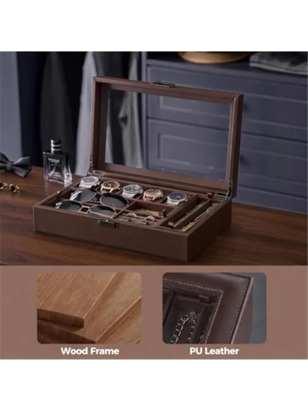 Men's Jewelry Box, 5-Slot Watch Display Case Jewelry Storage Organizer